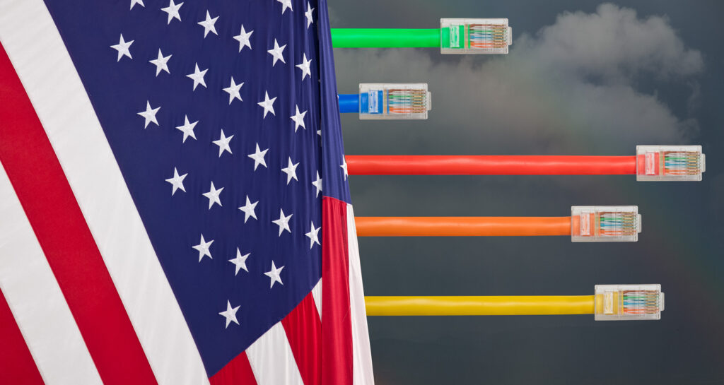 Ethernet cables emerge with different lengths from US Flag to illustrate acp ending at the end of April 2024